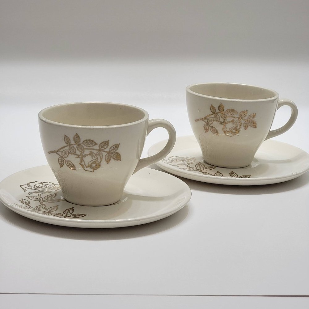 SCIO Ceramic Tea Cup Coffee Cup and Saucer Set of 2 White w Golden Rose Design